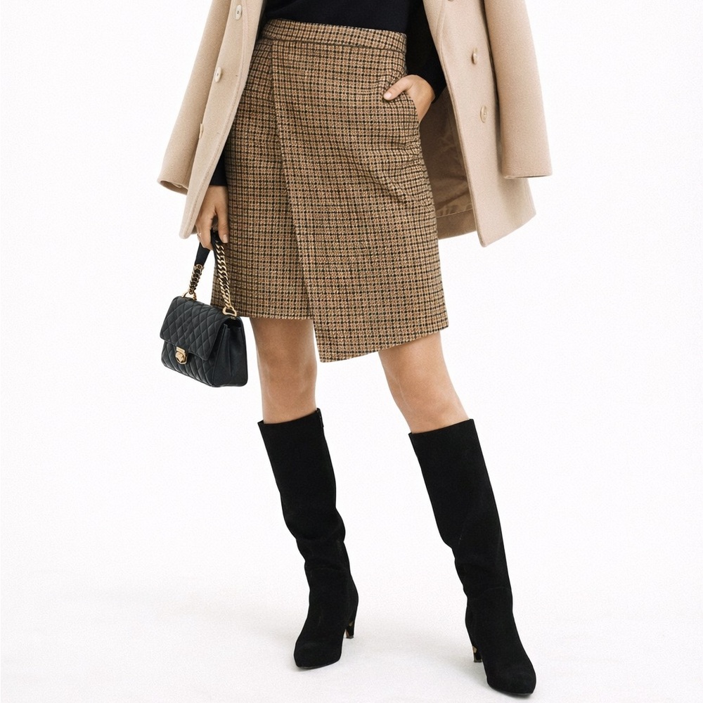 Jovonna London Houndstooth Plaid Asymmetrical Wool Blend Wrap Skirt